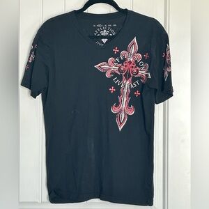 Affliction Black Short Sleeve V-Neck Tee with Red Foil & White Cross Graphic
